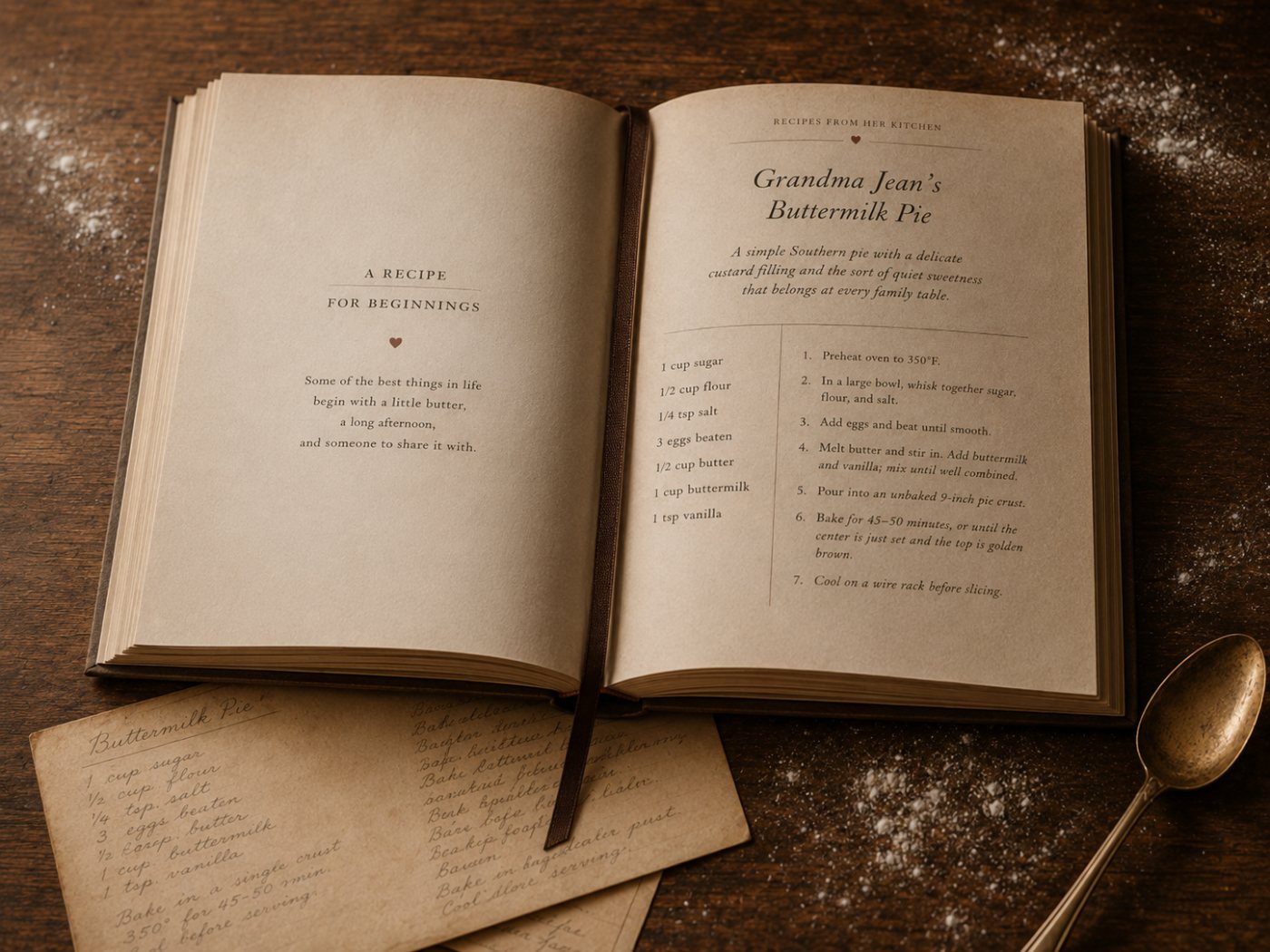 The opening spread of Kelly’s Cookbook: the epigraph page facing Grandma Jean’s Buttermilk Pie, with handwritten recipe cards beside it