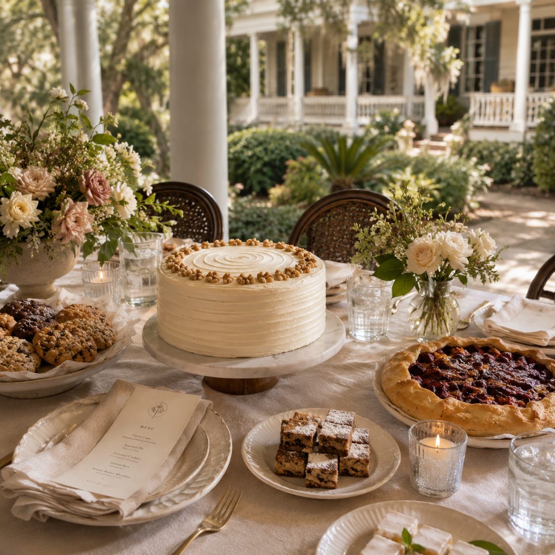 A dessert table set for a gathering on a Charleston piazza