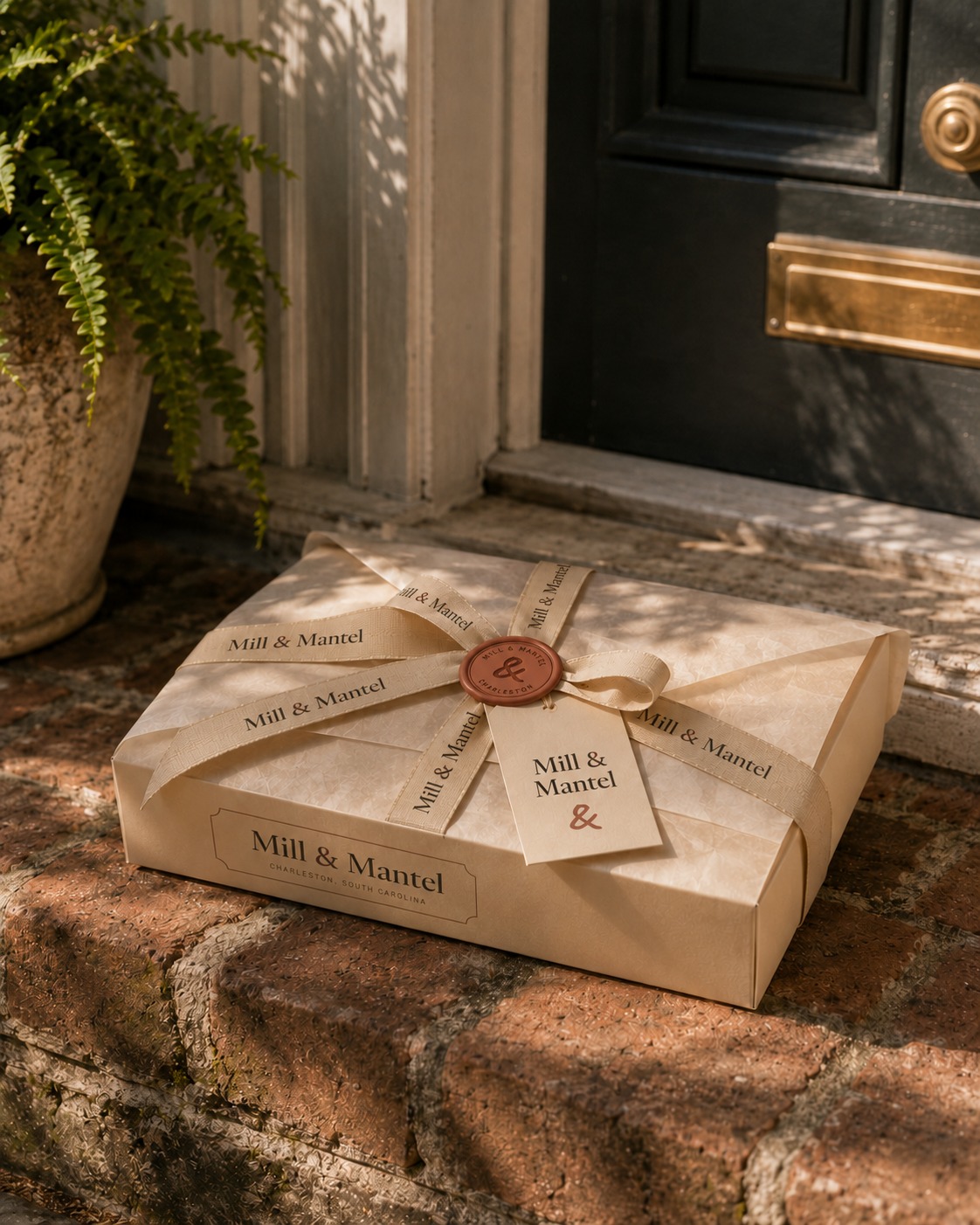 A ribbon-tied Mill & Mantel box with a wax seal and hang tag, left on the brick step of a Charleston house