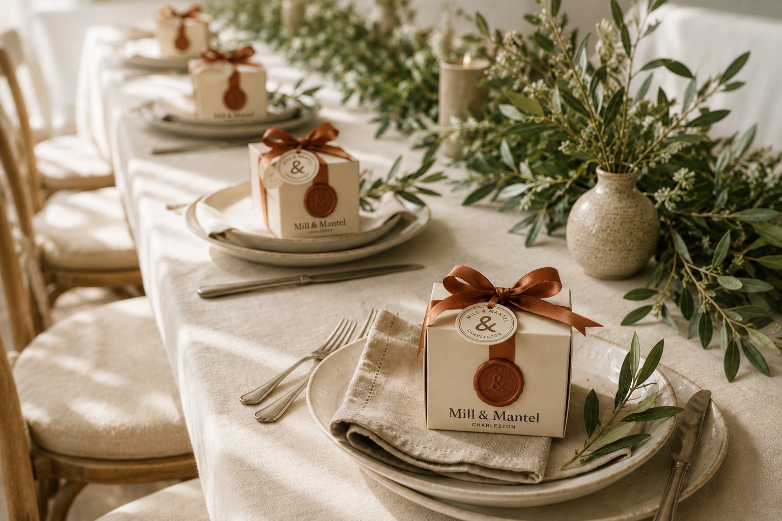 Small Mill & Mantel favour boxes at each place setting down a linen wedding table