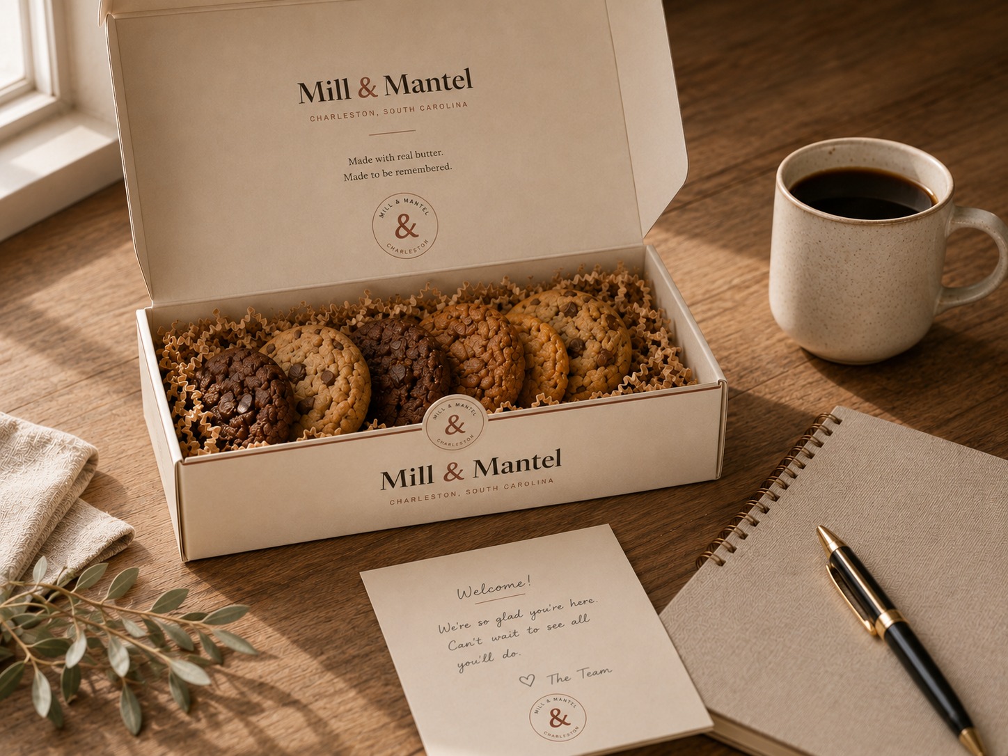 An open Mill & Mantel cookie box on a desk beside a handwritten welcome card, a notebook and a cup of coffee