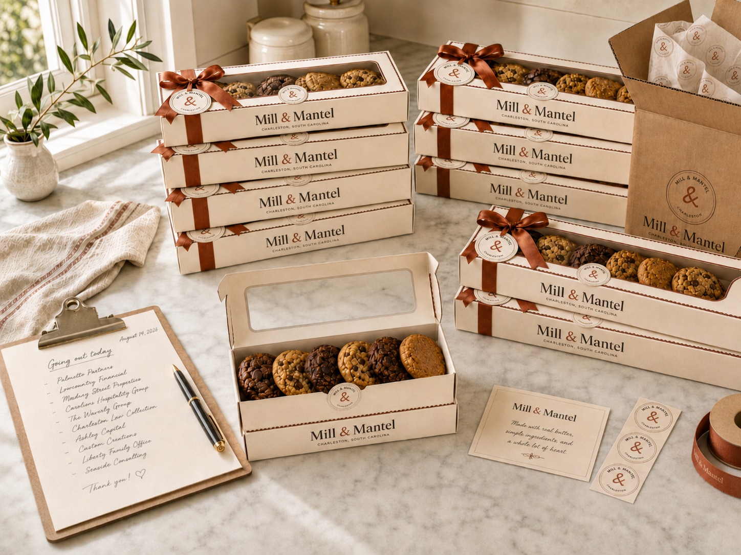 Mill & Mantel cookie boxes ribbon-tied and stacked on a marble counter, beside a kraft shipping carton and a handwritten corporate gifting list