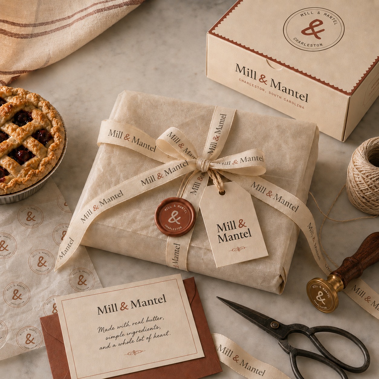Mill & Mantel ribbon, twine, hang tags and a wax stamp laid out on a pale counter