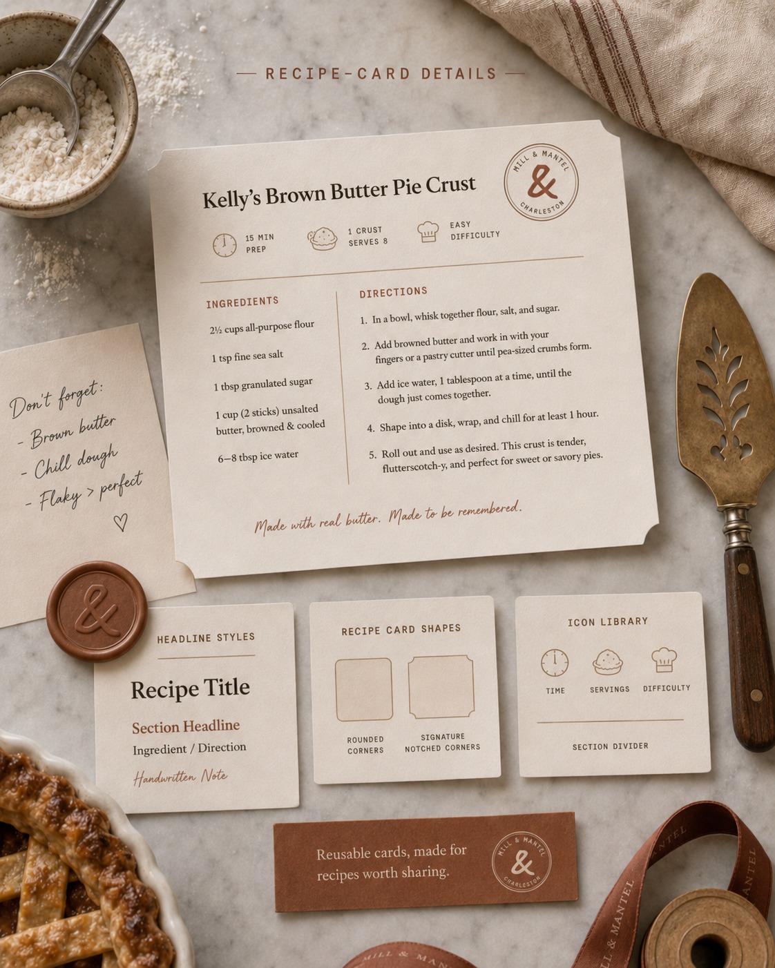 A printed Mill & Mantel recipe card beside the handwritten cards from the family collection