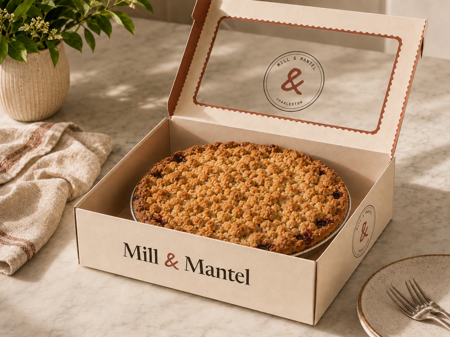 A crumb-top pie in its Mill & Mantel window box, the lid sealed by hand