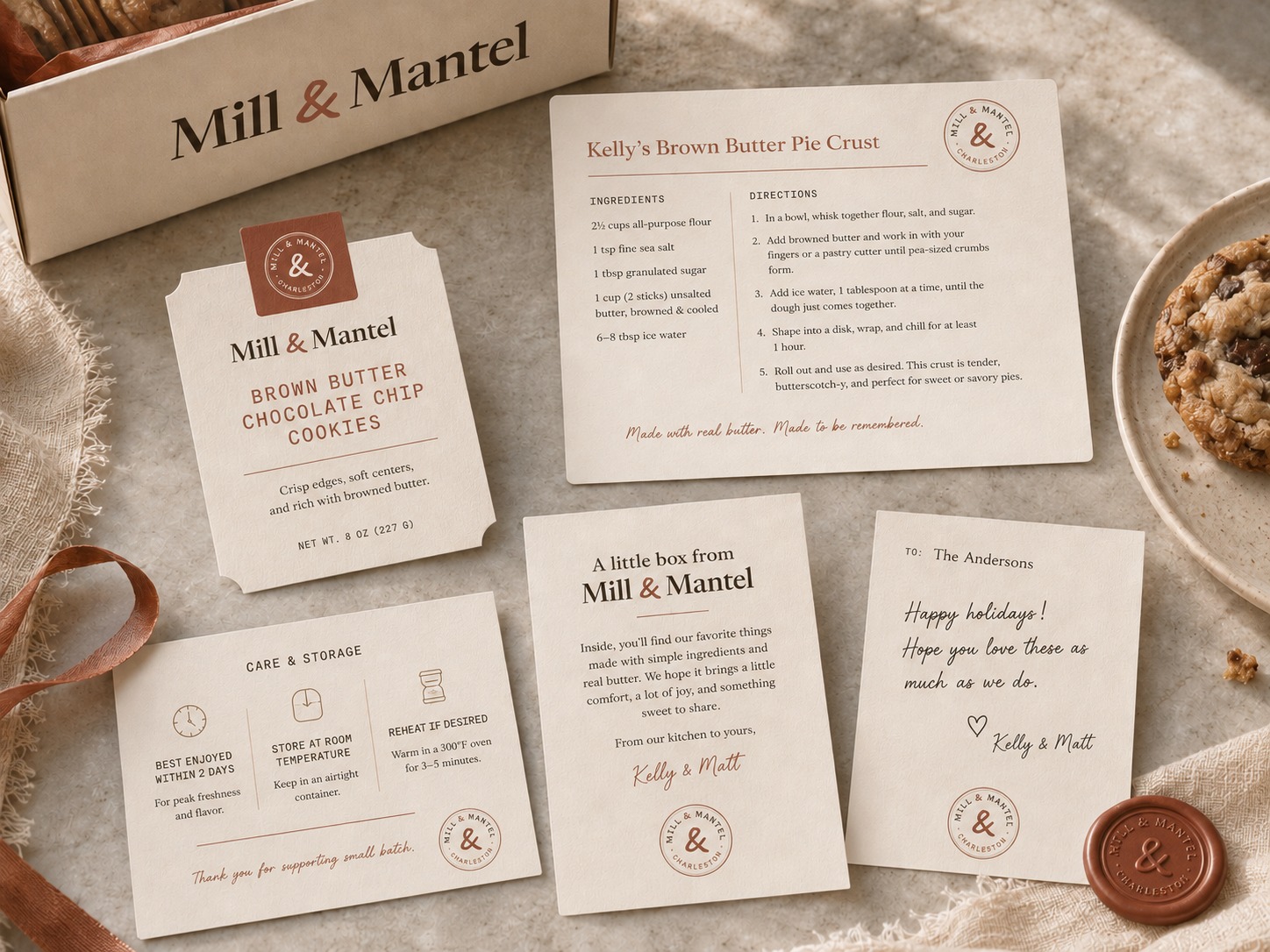 The printed Mill & Mantel inserts that ride along in every box: recipe card, care card and gift note
