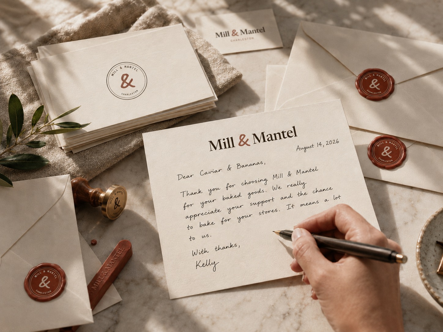 A handwritten Mill & Mantel thank-you note being written, beside wax seals and envelopes