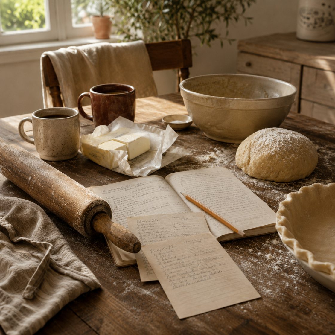 A flour-dusted old rolling pin, handwritten recipes, butter and dough on a kitchen table