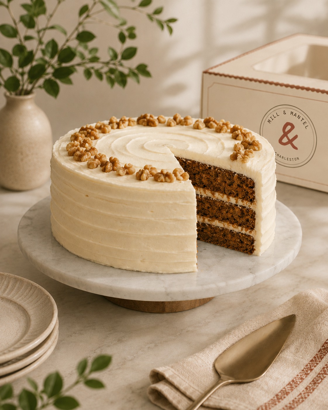 A carrot layer cake with a slice removed